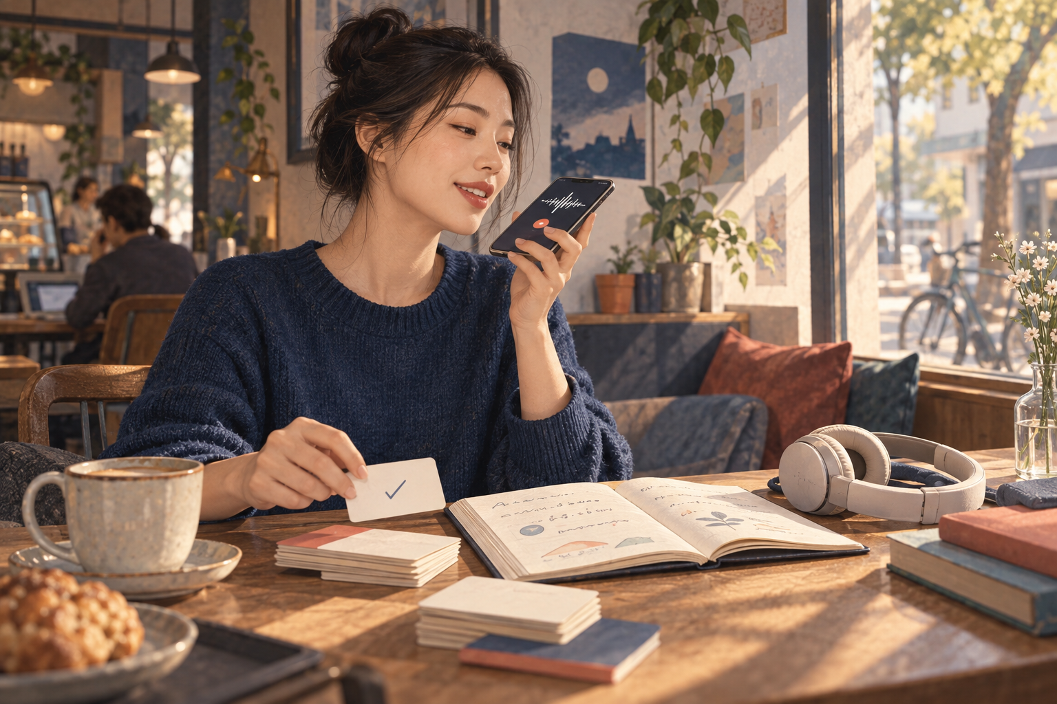 在咖啡館用語音紀錄完成一次語言開口練習